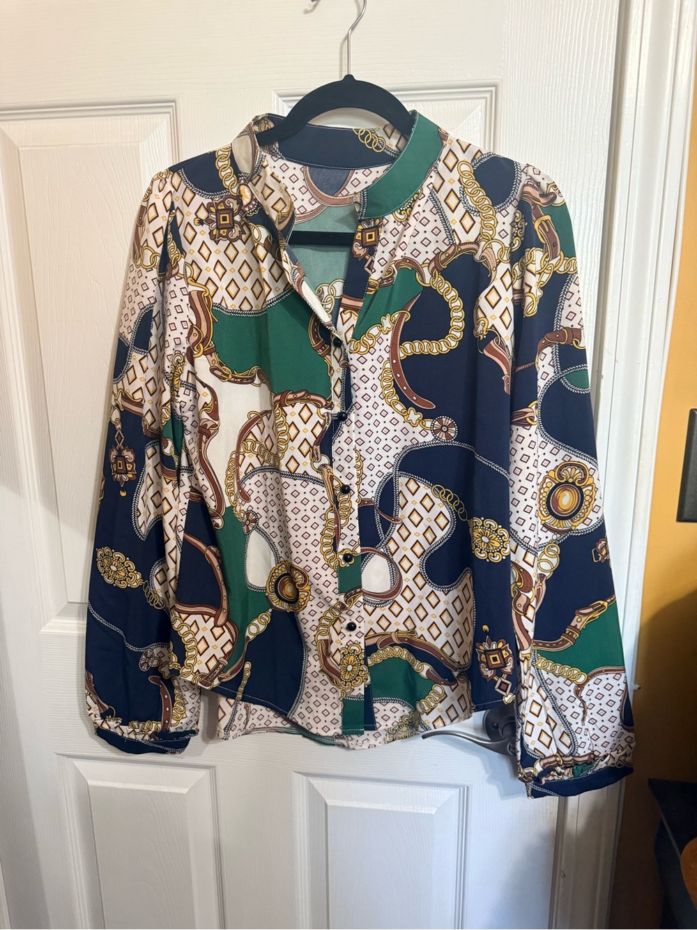 SHEIN Navy, Green & Cream Chain-Print Long Sleeve Blouse